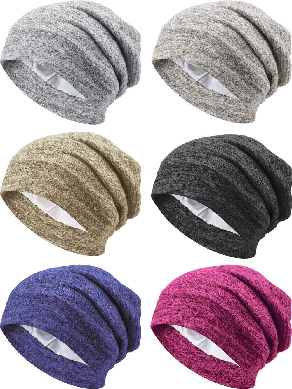 4863 6 Pieces Satin Lined Sleep Cap Slouchy Beanie Slap Hat Night Hair Wrap